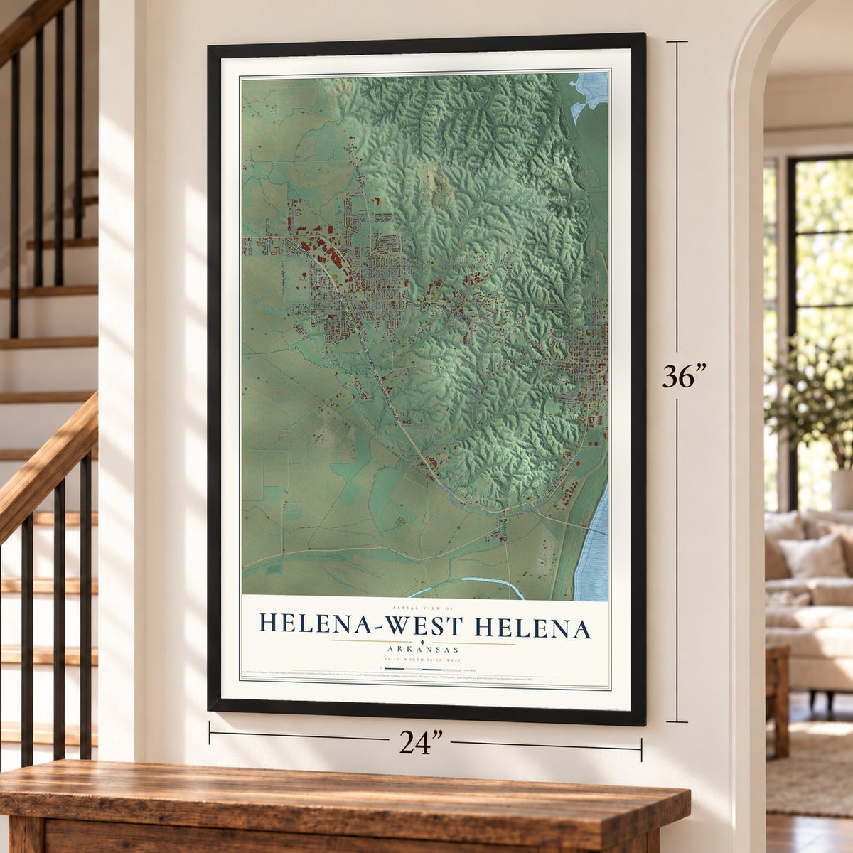 Helena-West Helena, Arkansas map, 24 x 36 inch print in a black frame by a staircase