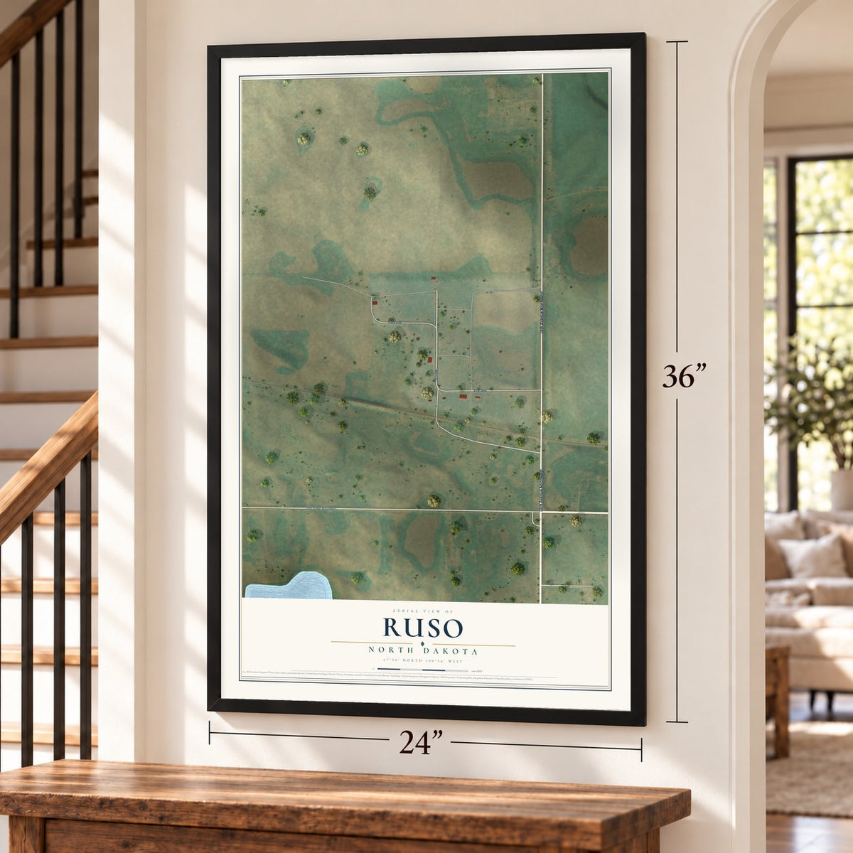 Ruso, North Dakota map, 24 x 36 inch print in a black frame by a staircase