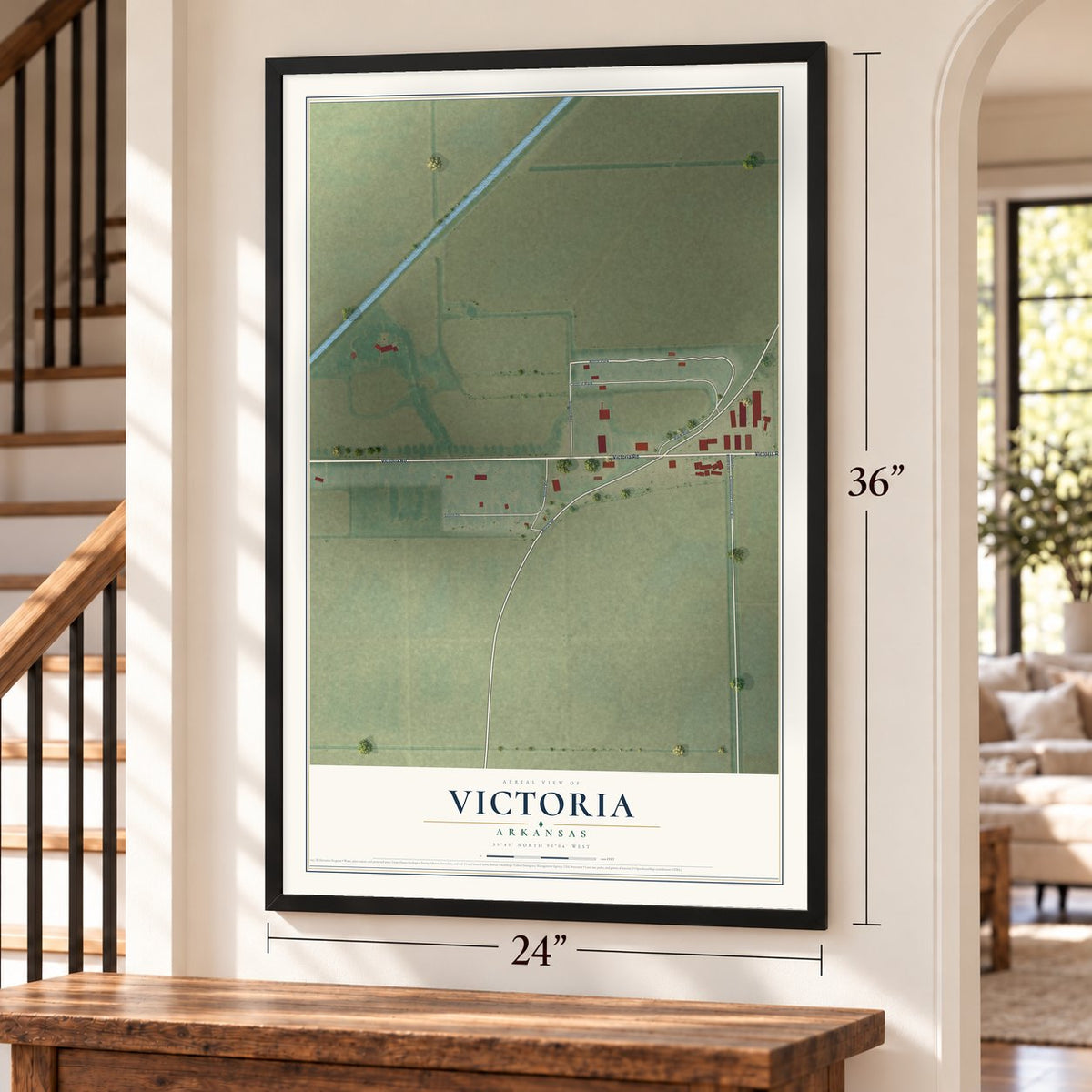 Victoria, Arkansas map, 24 x 36 inch print in a black frame by a staircase
