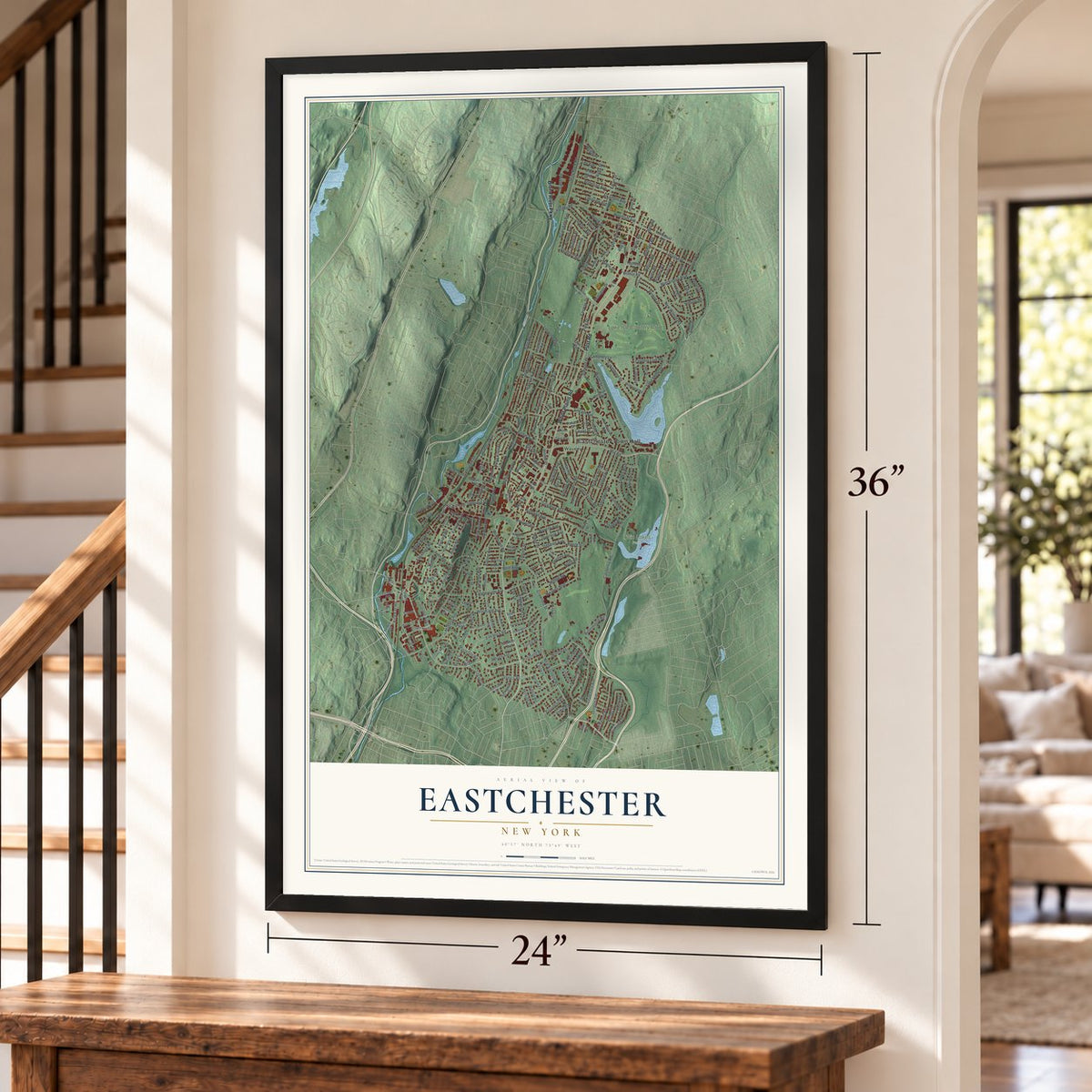 Eastchester, New York map, 24 x 36 inch print in a black frame by a staircase