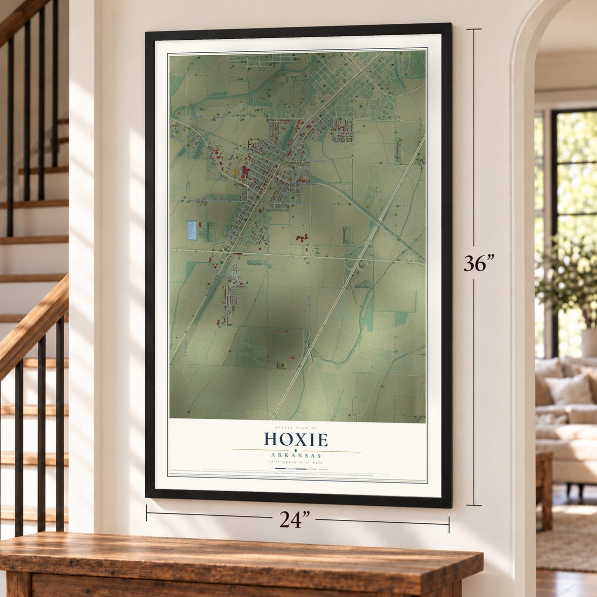 Hoxie, Arkansas map, 24 x 36 inch print in a black frame by a staircase