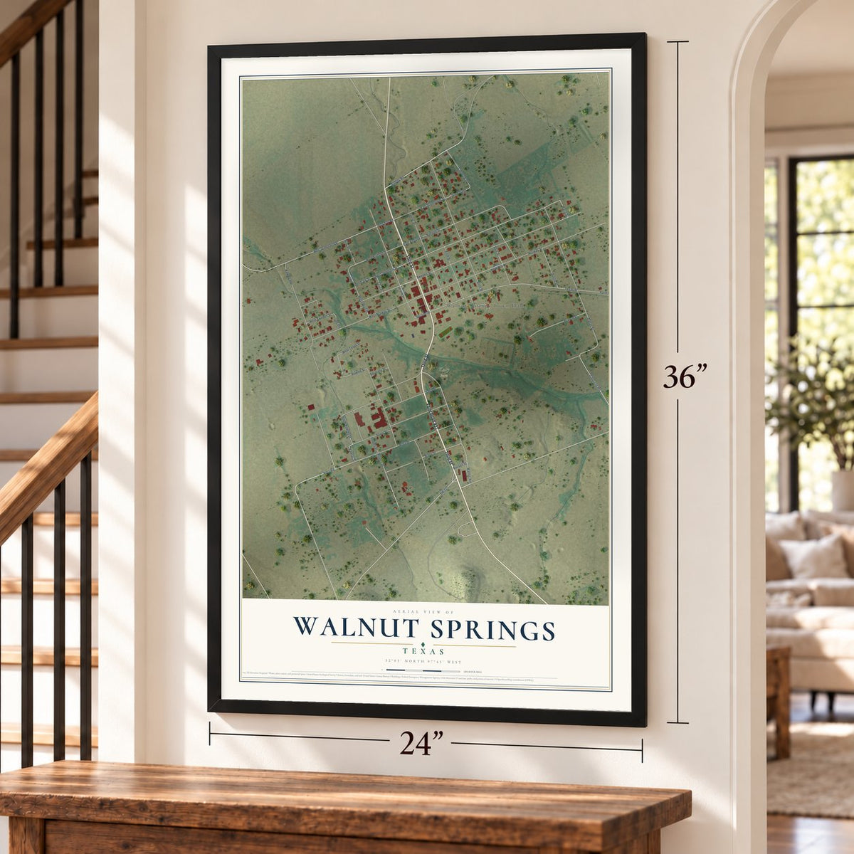 Walnut Springs, Texas map, 24 x 36 inch print in a black frame by a staircase