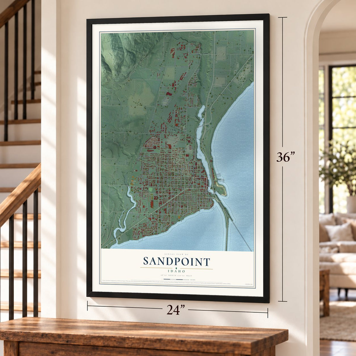 Sandpoint, Idaho map, 24 x 36 inch print in a black frame by a staircase