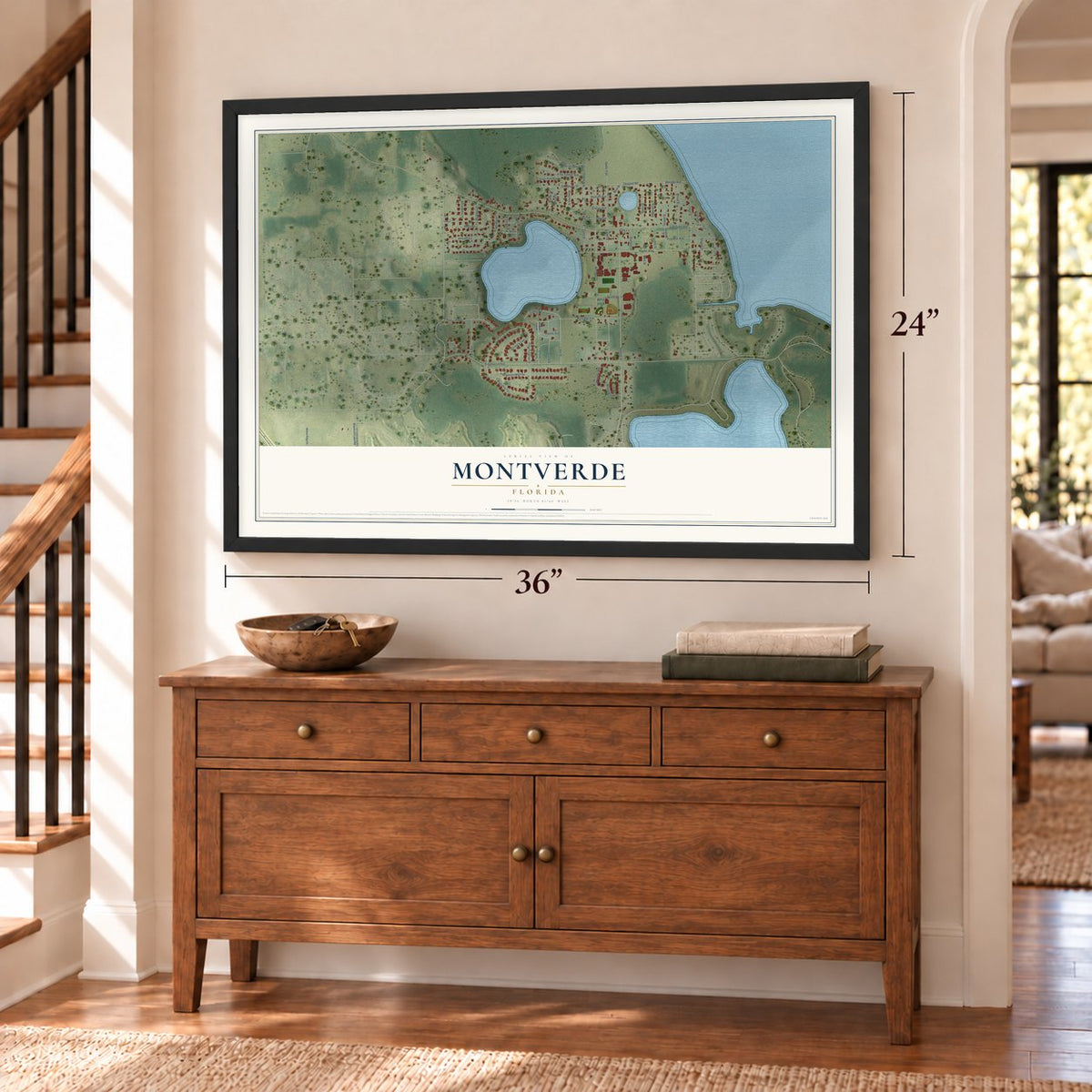 Montverde, Florida map, 24 x 36 inch print in a black frame above a dresser by a staircase