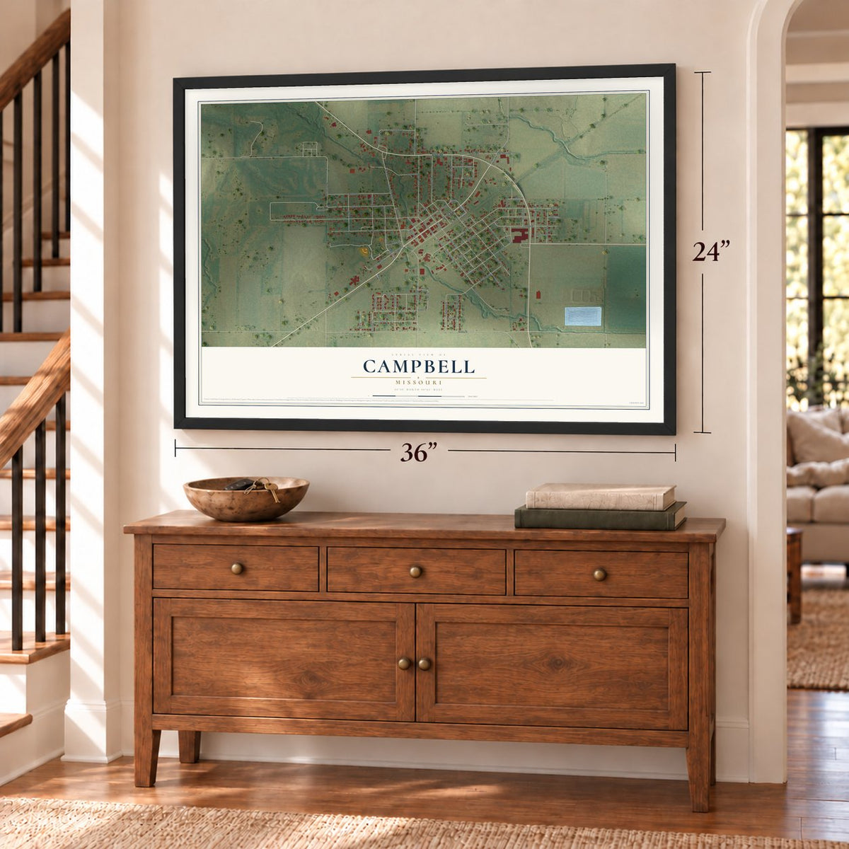 Campbell, Missouri map, 24 x 36 inch print in a black frame above a dresser by a staircase