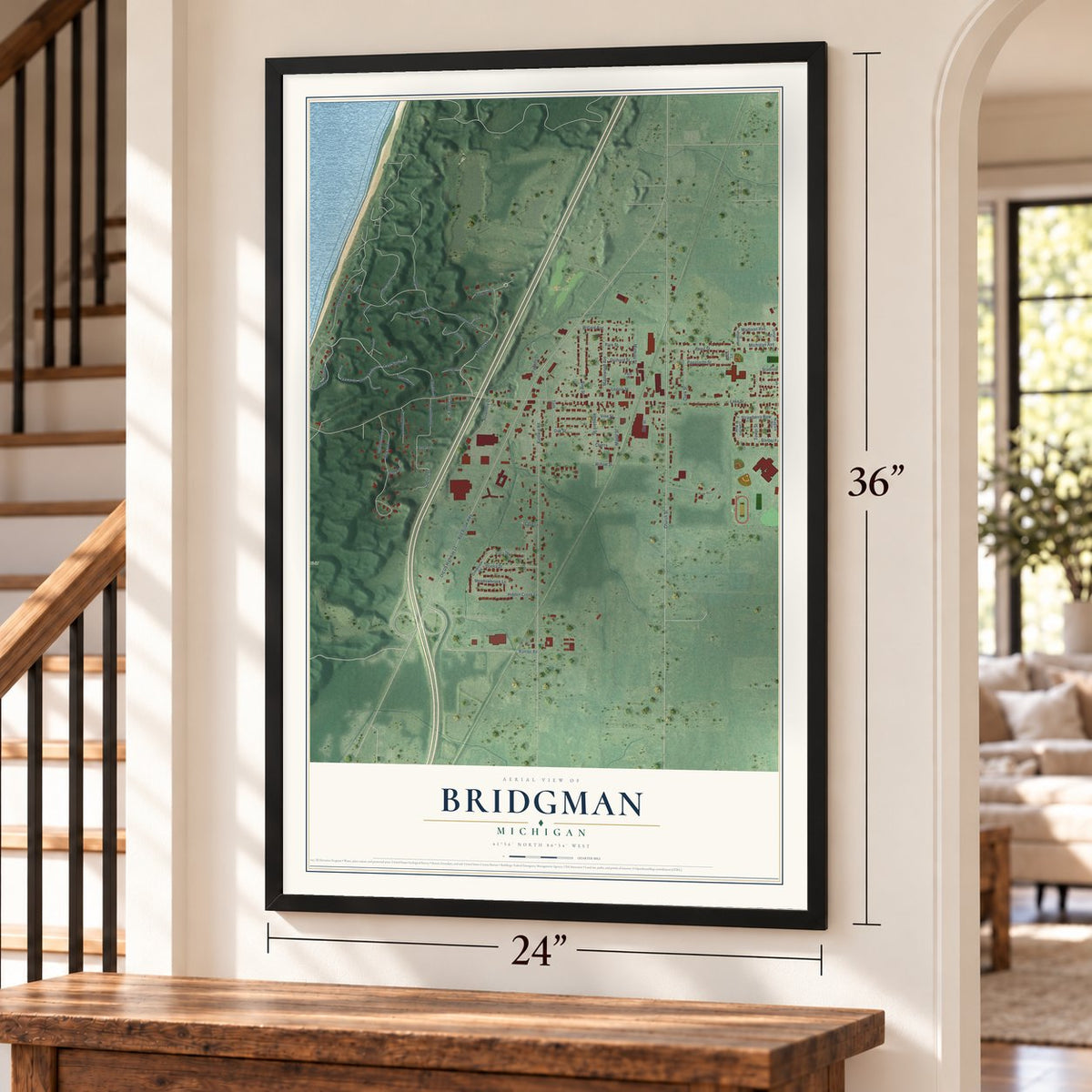 Bridgman, Michigan map, 24 x 36 inch print in a black frame by a staircase