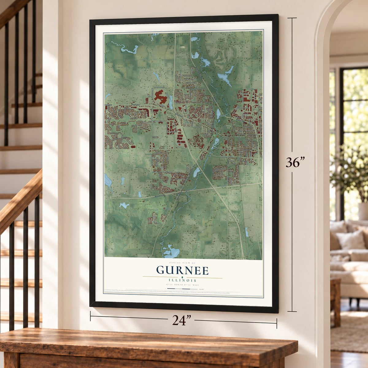 Gurnee, Illinois map, 24 x 36 inch print in a black frame by a staircase