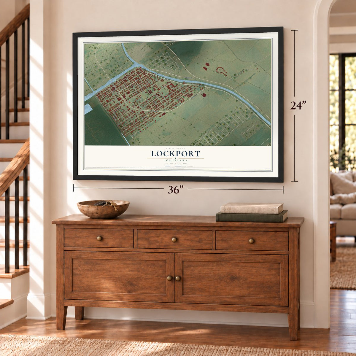 Lockport, Louisiana map, 24 x 36 inch print in a black frame above a dresser by a staircase