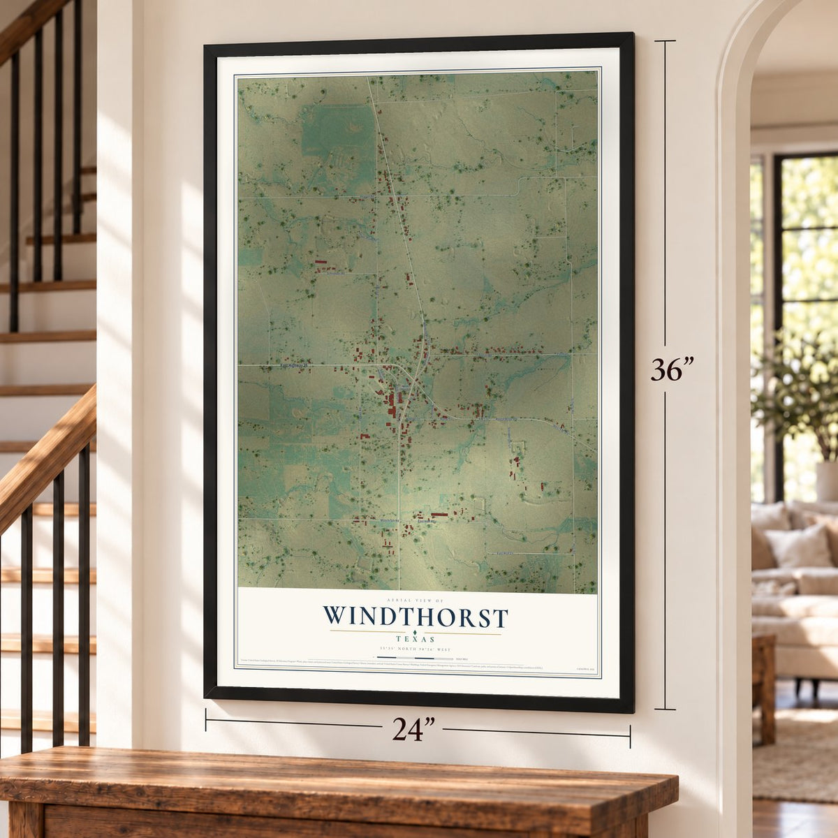 Windthorst, Texas map, 24 x 36 inch print in a black frame by a staircase