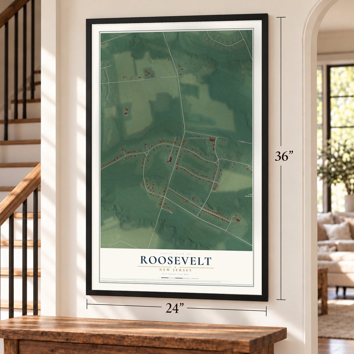 Roosevelt, New Jersey map, 24 x 36 inch print in a black frame by a staircase