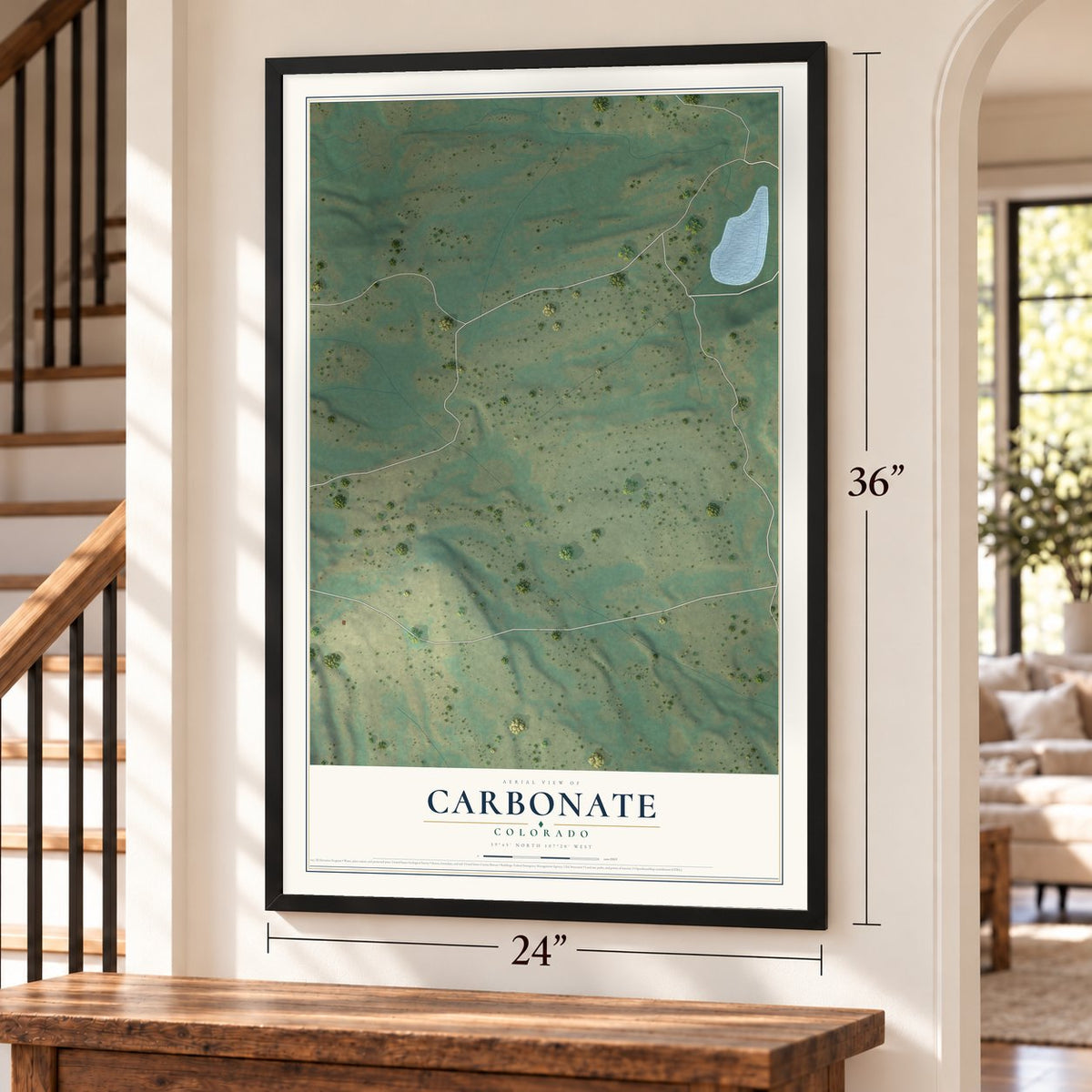 Carbonate, Colorado map, 24 x 36 inch print in a black frame by a staircase