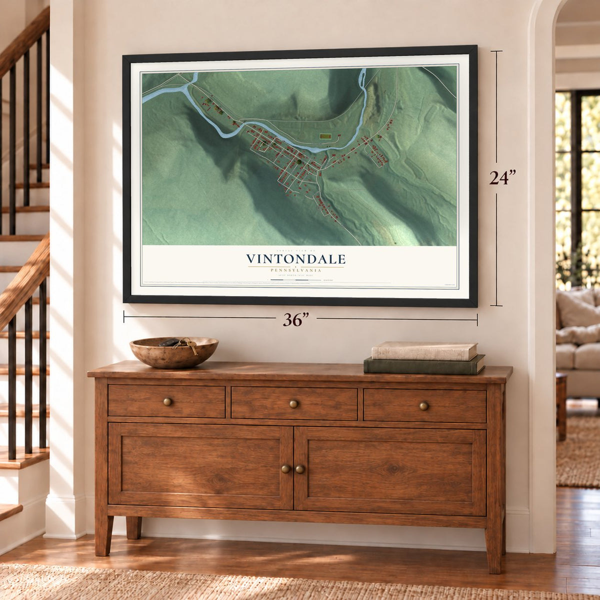 Vintondale, Pennsylvania map, 24 x 36 inch print in a black frame above a dresser by a staircase