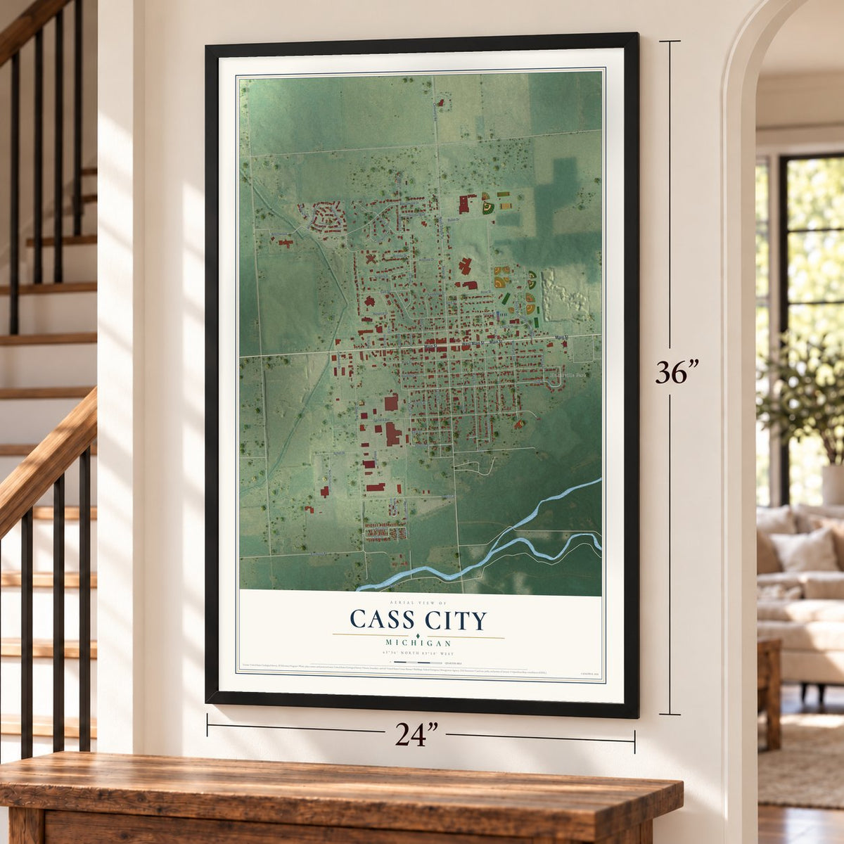 Cass City, Michigan map, 24 x 36 inch print in a black frame by a staircase