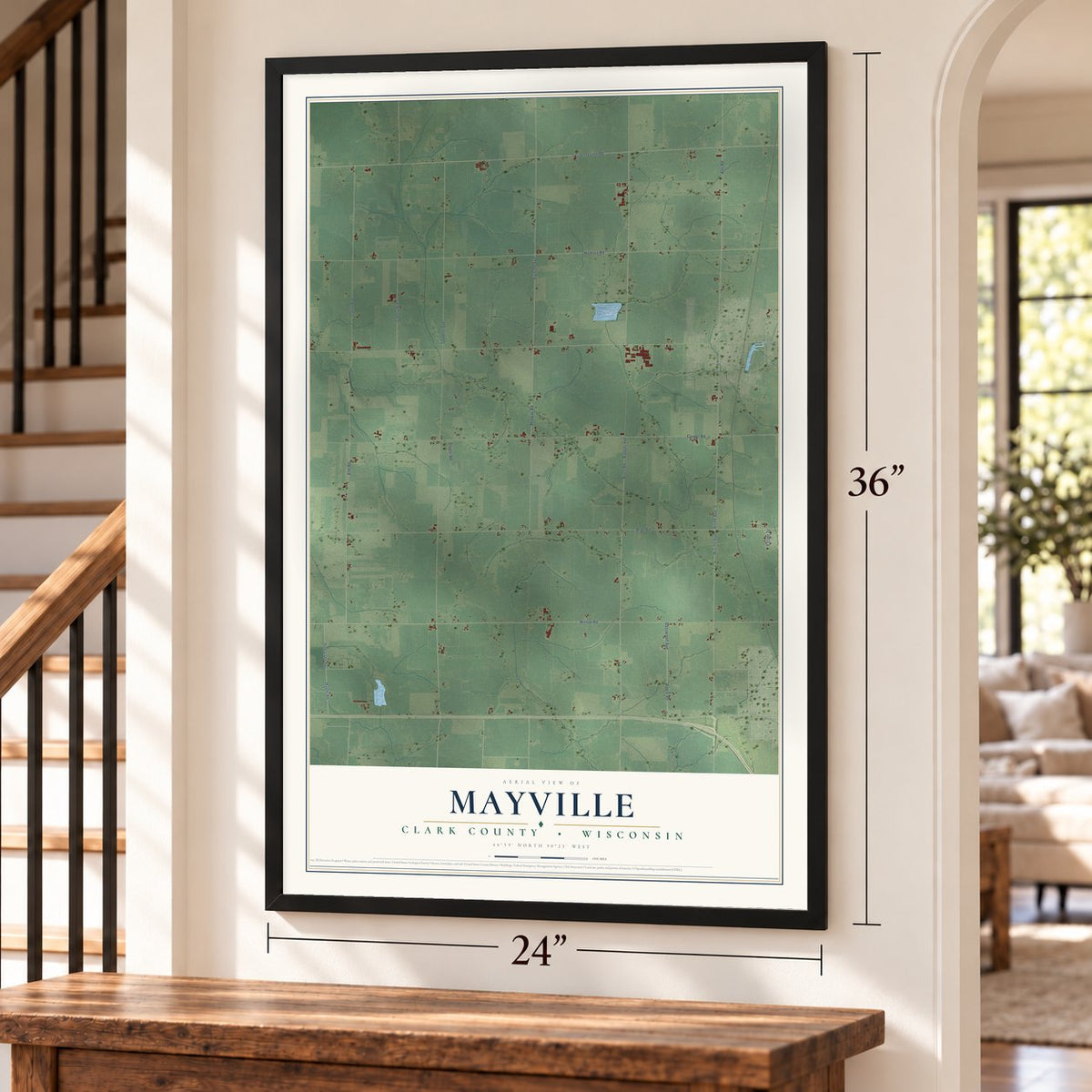 Mayville, Clark County, Wisconsin map, 24 x 36 inch print in a black frame by a staircase