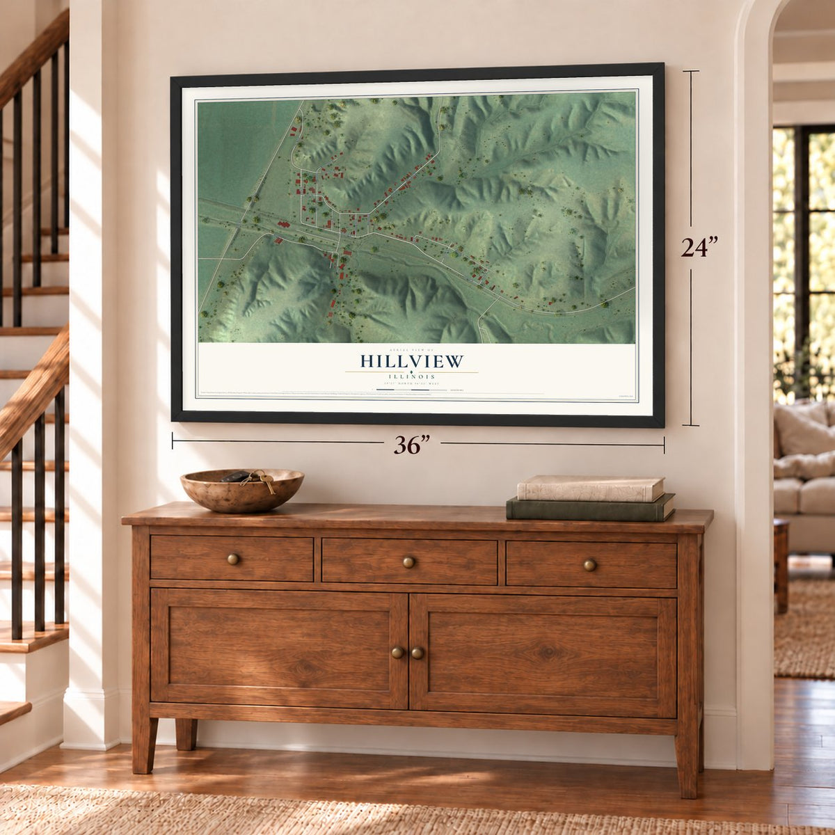 Hillview, Illinois map, 24 x 36 inch print in a black frame above a dresser by a staircase
