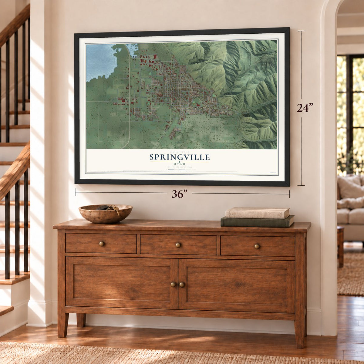 Springville, Utah map, 24 x 36 inch print in a black frame above a dresser by a staircase
