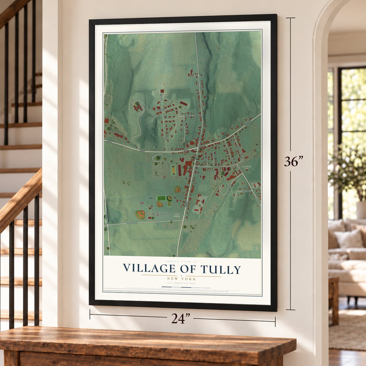 Village of Tully, New York map, 24 x 36 inch print in a black frame by a staircase
