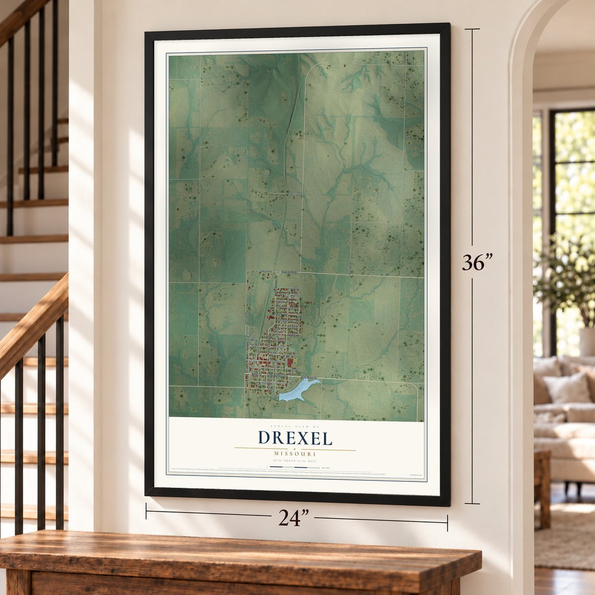 Drexel, Missouri map, 24 x 36 inch print in a black frame by a staircase