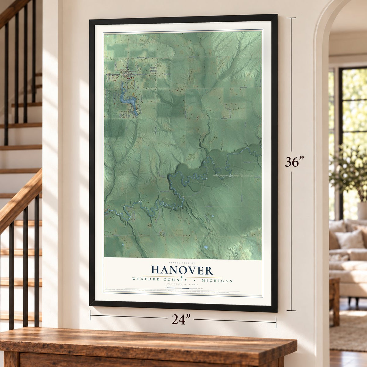 Hanover, Wexford County, Michigan map, 24 x 36 inch print in a black frame by a staircase