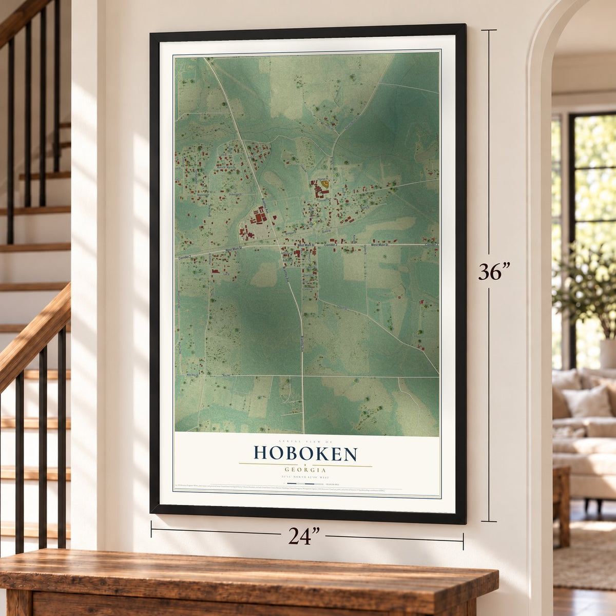 Hoboken, Georgia map, 24 x 36 inch print in a black frame by a staircase