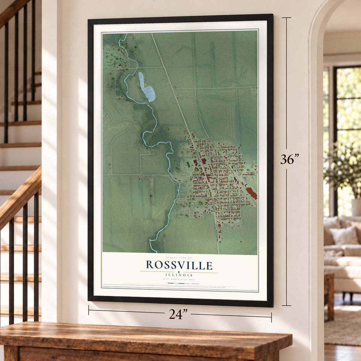 Rossville, Illinois map, 24 x 36 inch print in a black frame by a staircase