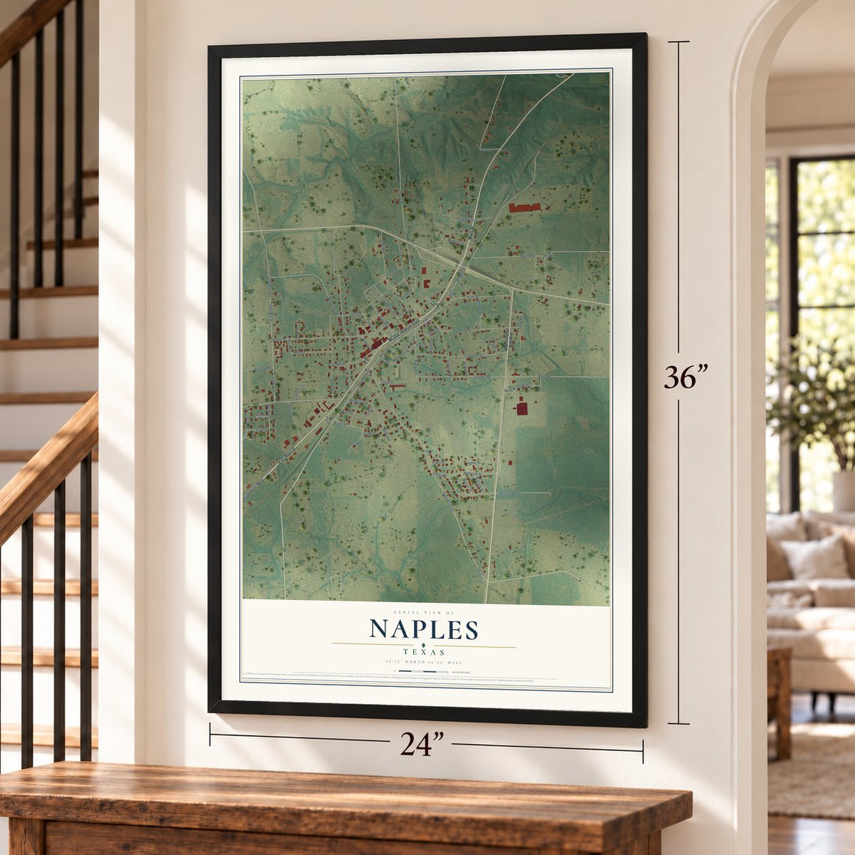 Naples, Texas map, 24 x 36 inch print in a black frame by a staircase