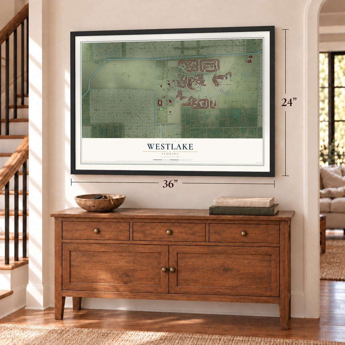 Westlake, Florida map, 24 x 36 inch print in a black frame above a dresser by a staircase