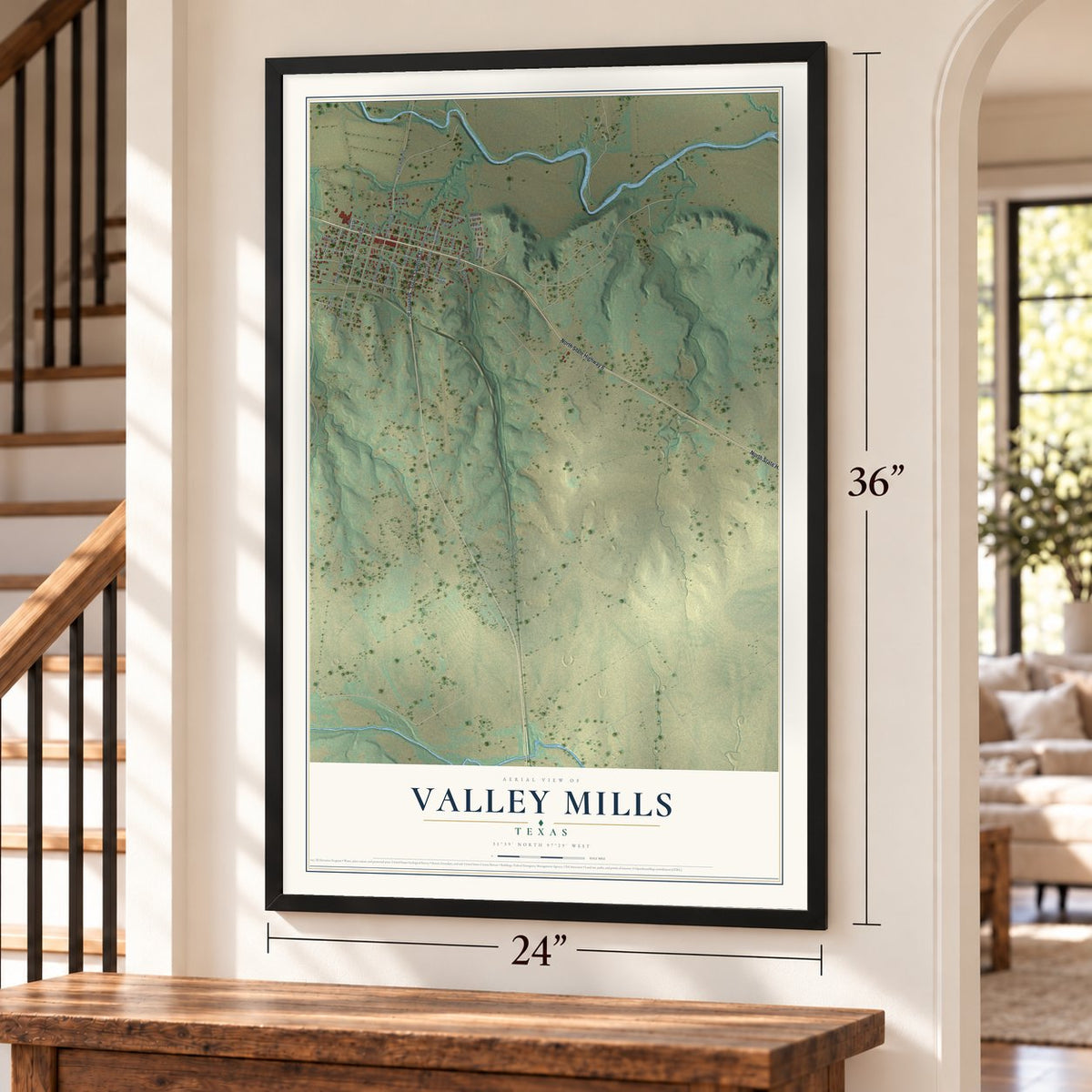 Valley Mills, Texas map, 24 x 36 inch print in a black frame by a staircase