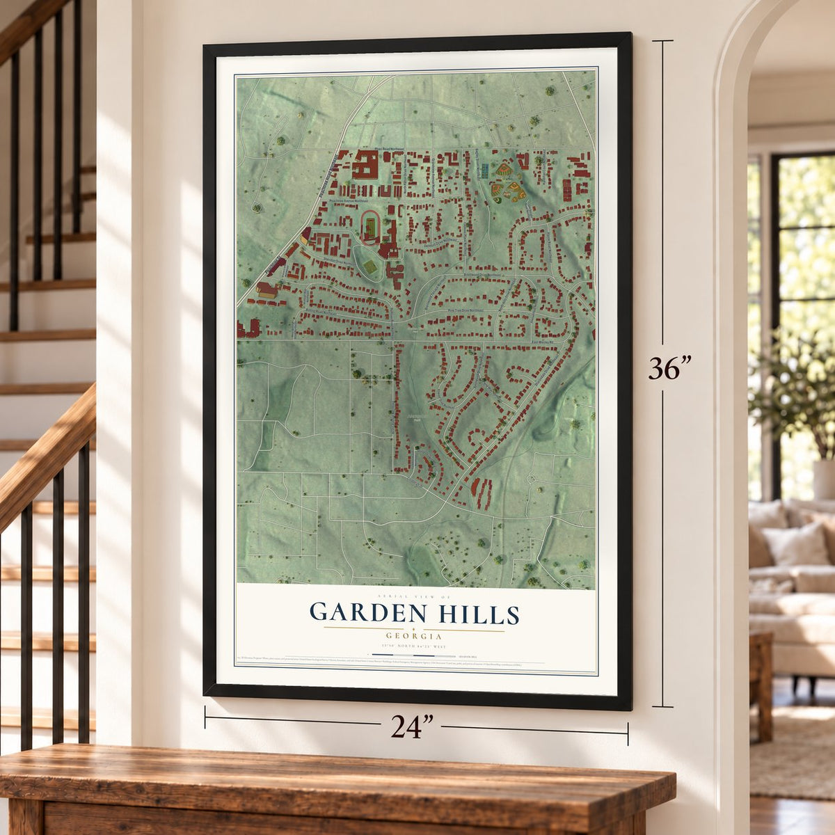 Garden Hills, Georgia map, 24 x 36 inch print in a black frame by a staircase