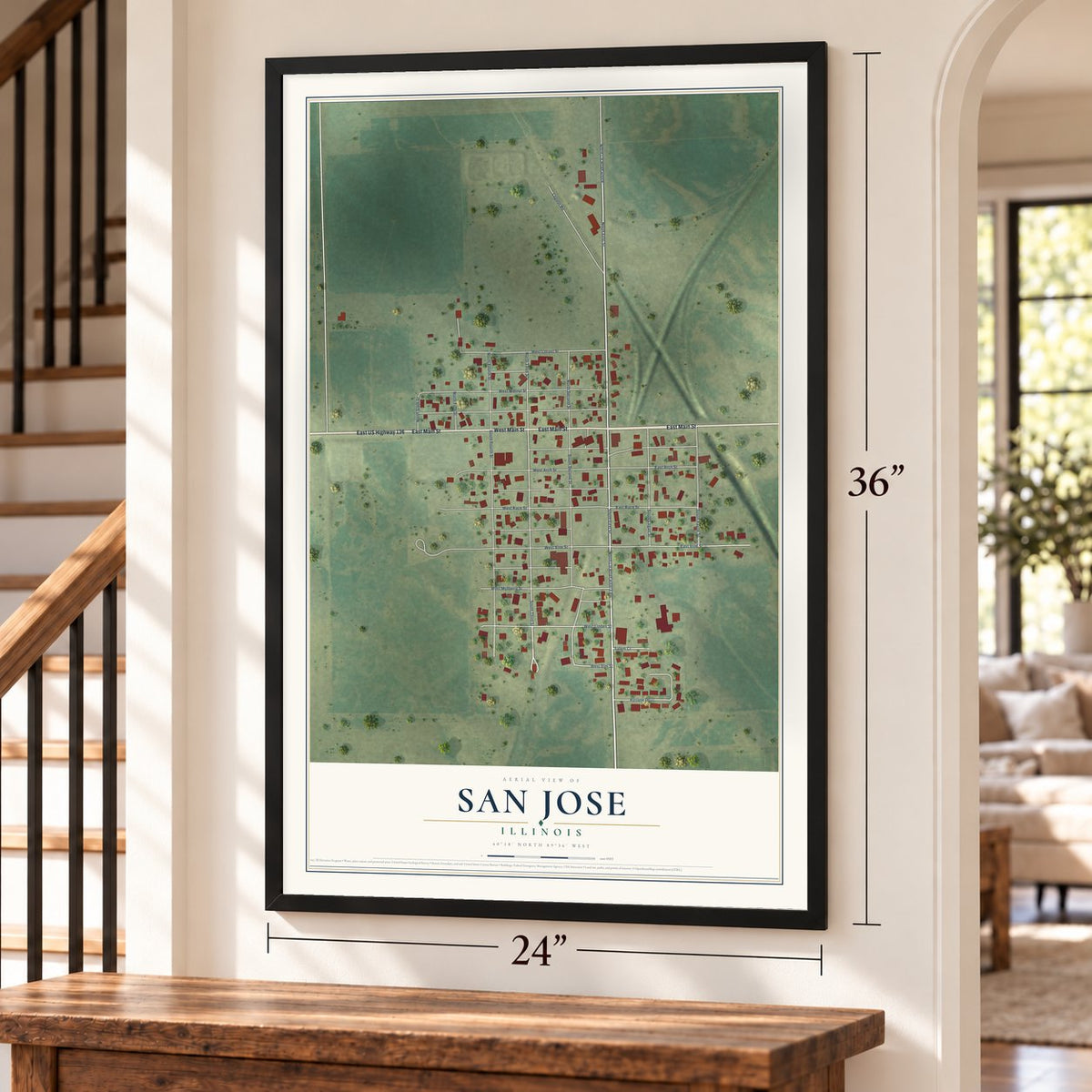 San Jose, Illinois map, 24 x 36 inch print in a black frame by a staircase