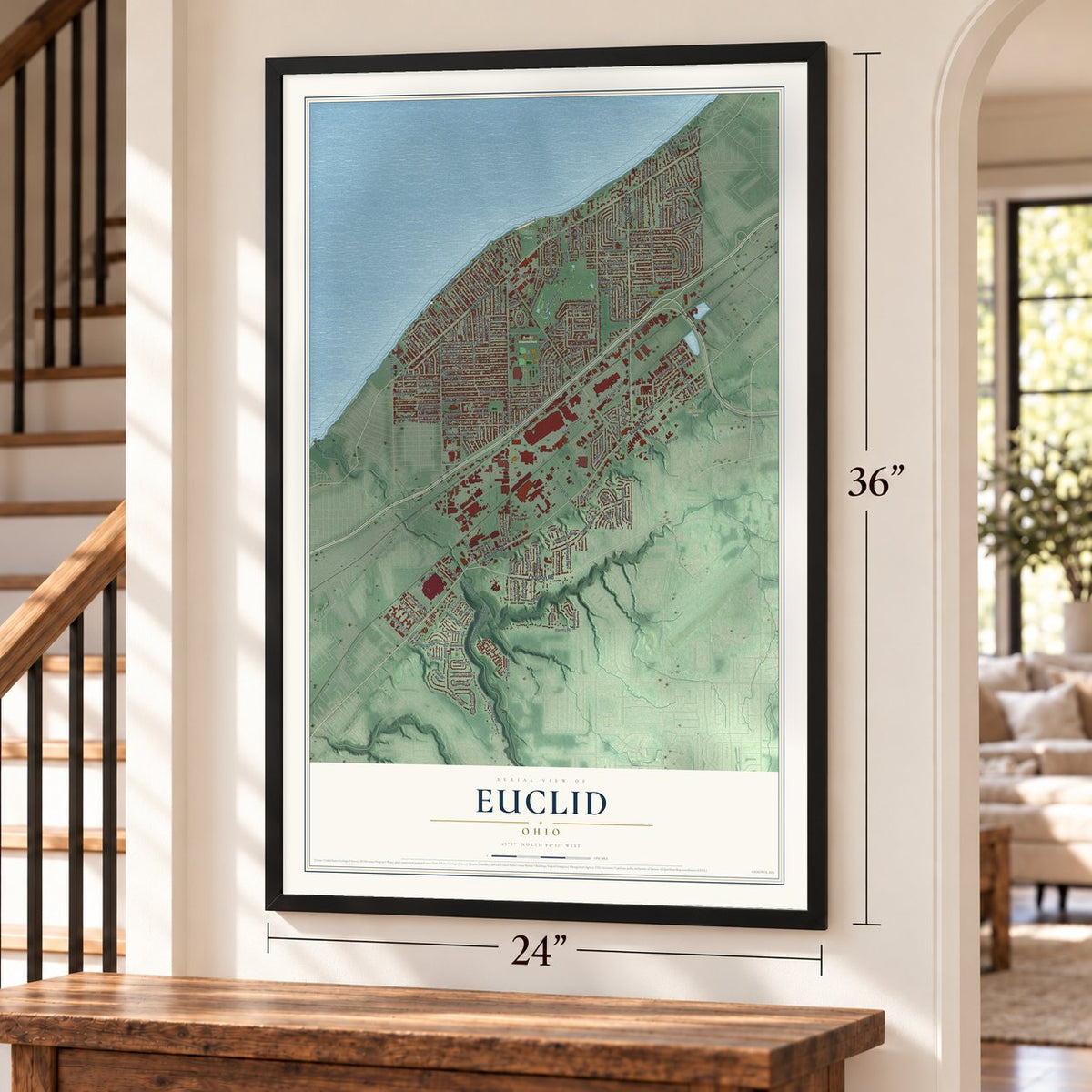 Euclid, Ohio map, 24 x 36 inch print in a black frame by a staircase