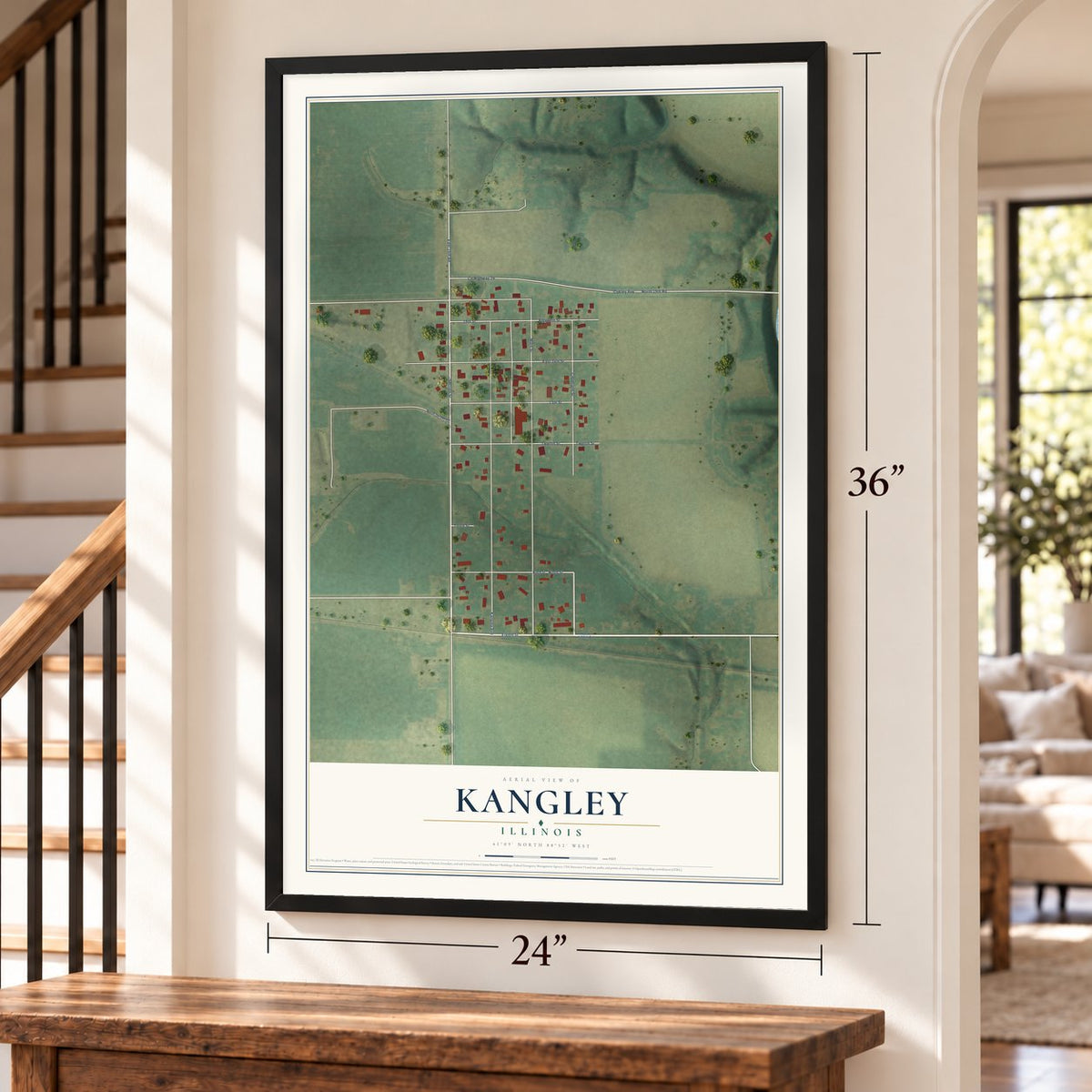 Kangley, Illinois map, 24 x 36 inch print in a black frame by a staircase
