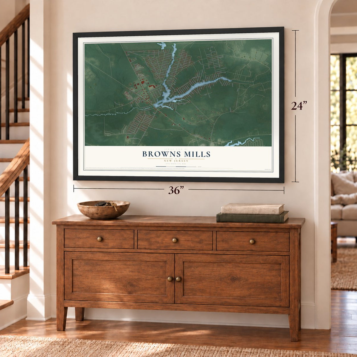 Browns Mills, New Jersey map, 24 x 36 inch print in a black frame above a dresser by a staircase