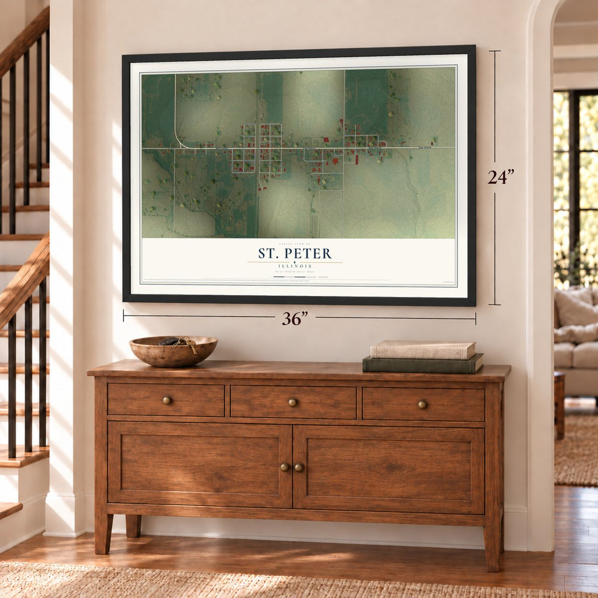 St. Peter, Illinois map, 24 x 36 inch print in a black frame above a dresser by a staircase