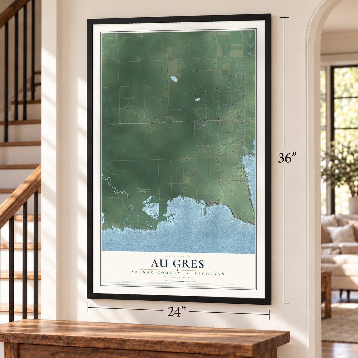 Au Gres, Arenac County, Michigan map, 24 x 36 inch print in a black frame by a staircase