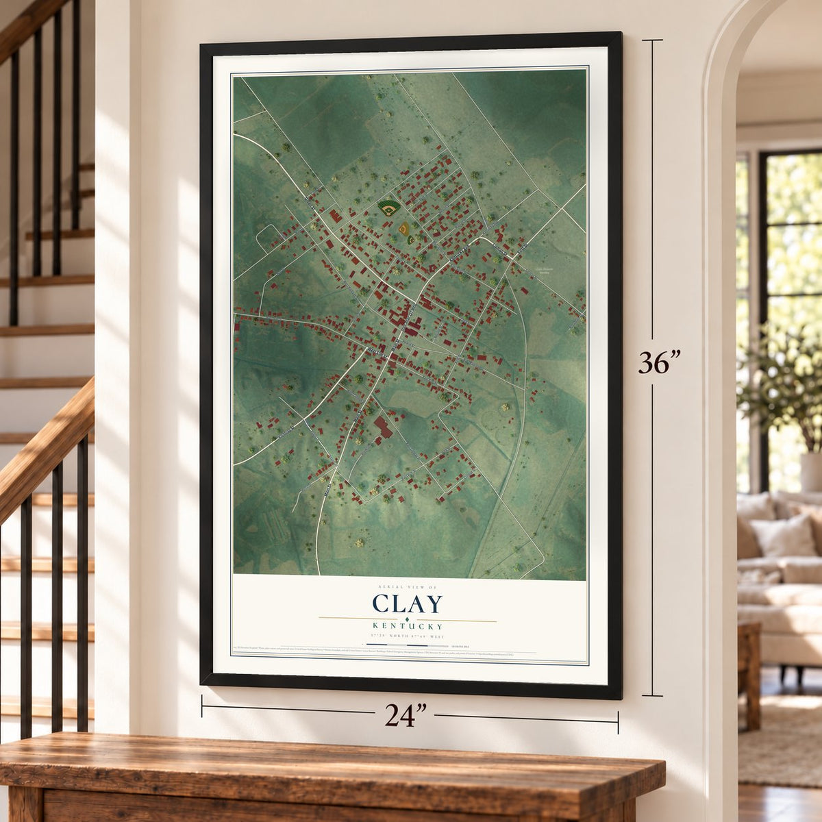 Clay, Kentucky map, 24 x 36 inch print in a black frame by a staircase