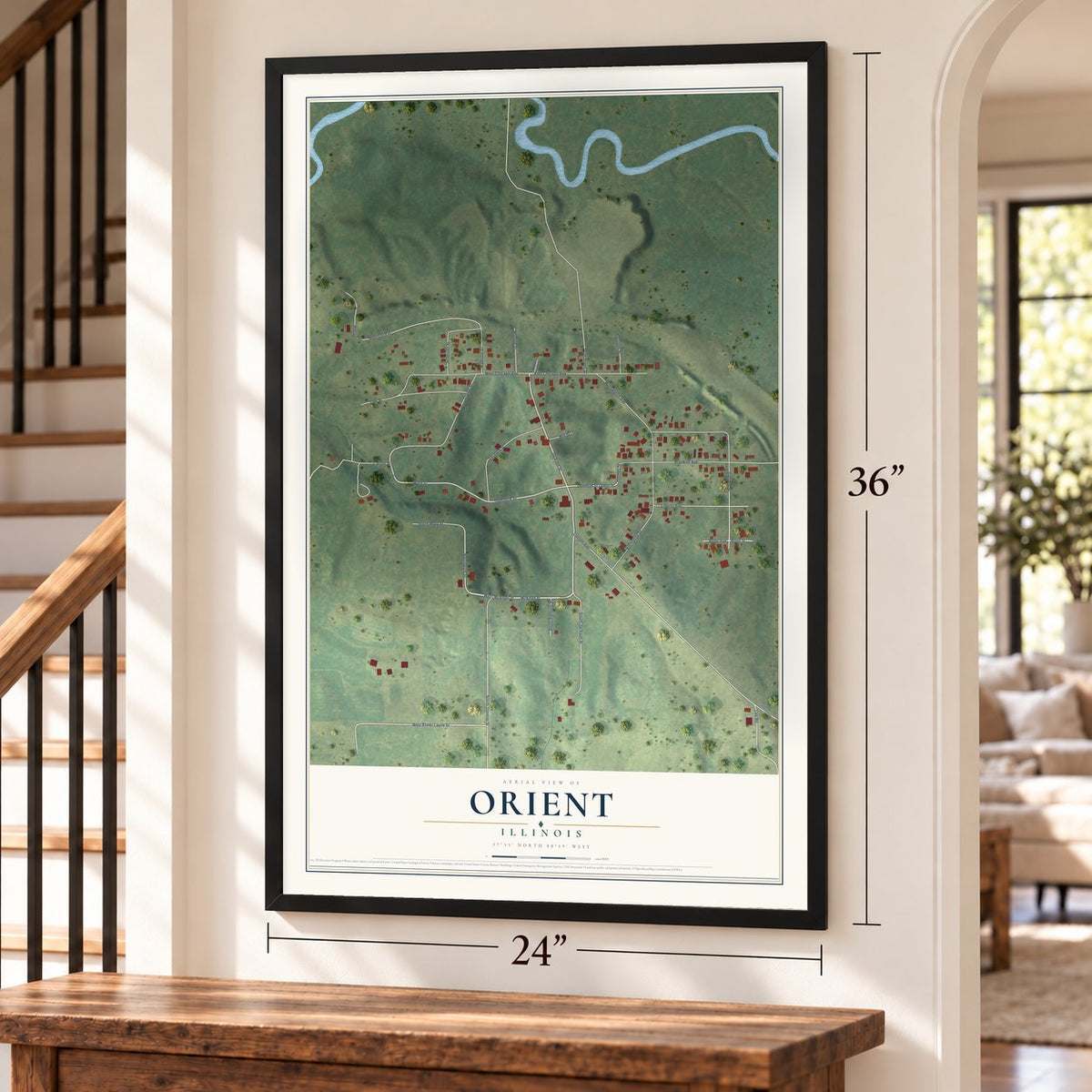 Orient, Illinois map, 24 x 36 inch print in a black frame by a staircase