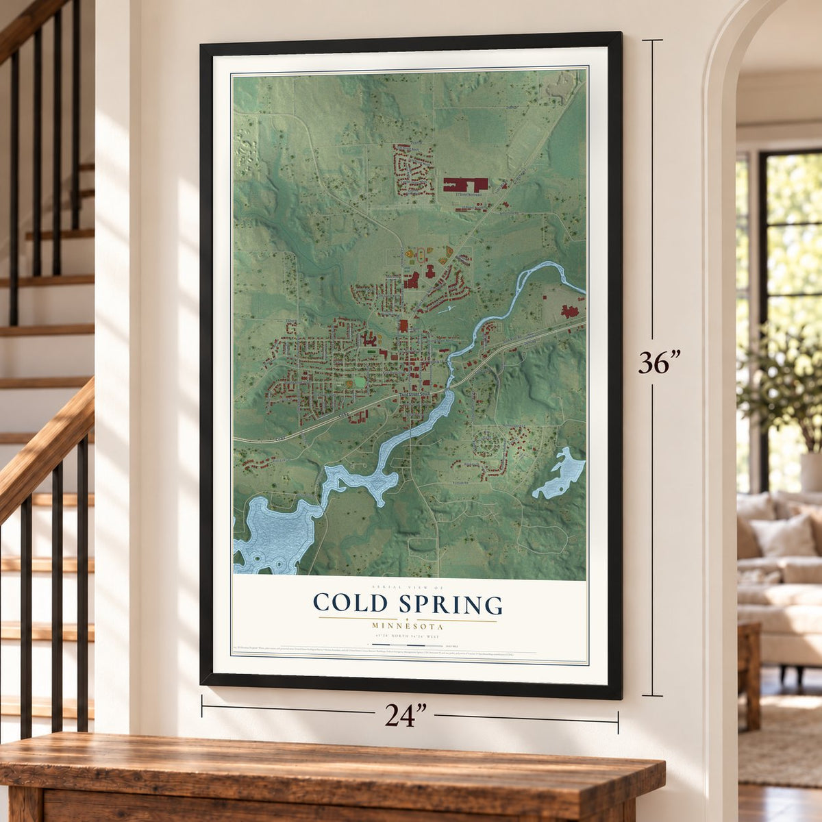 Cold Spring, Minnesota map, 24 x 36 inch print in a black frame by a staircase