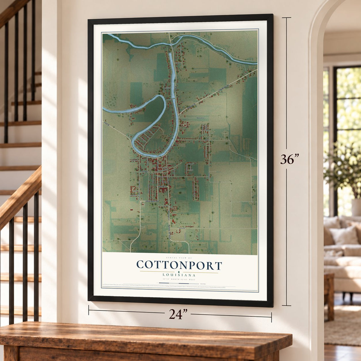 Cottonport, Louisiana map, 24 x 36 inch print in a black frame by a staircase