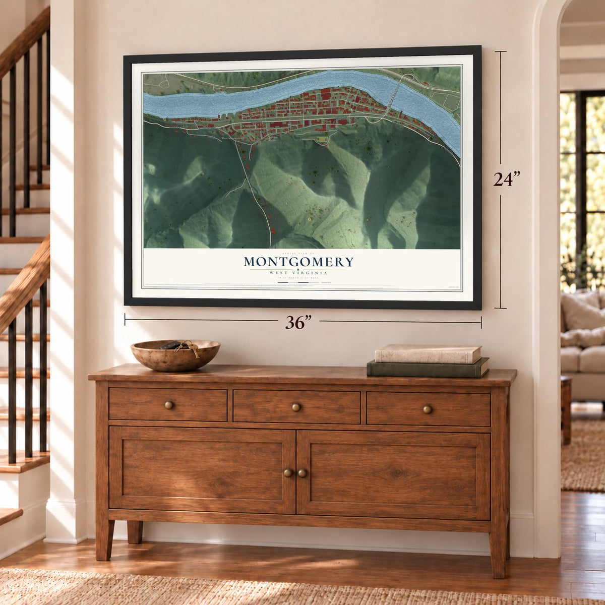 Montgomery, West Virginia map, 24 x 36 inch print in a black frame above a dresser by a staircase