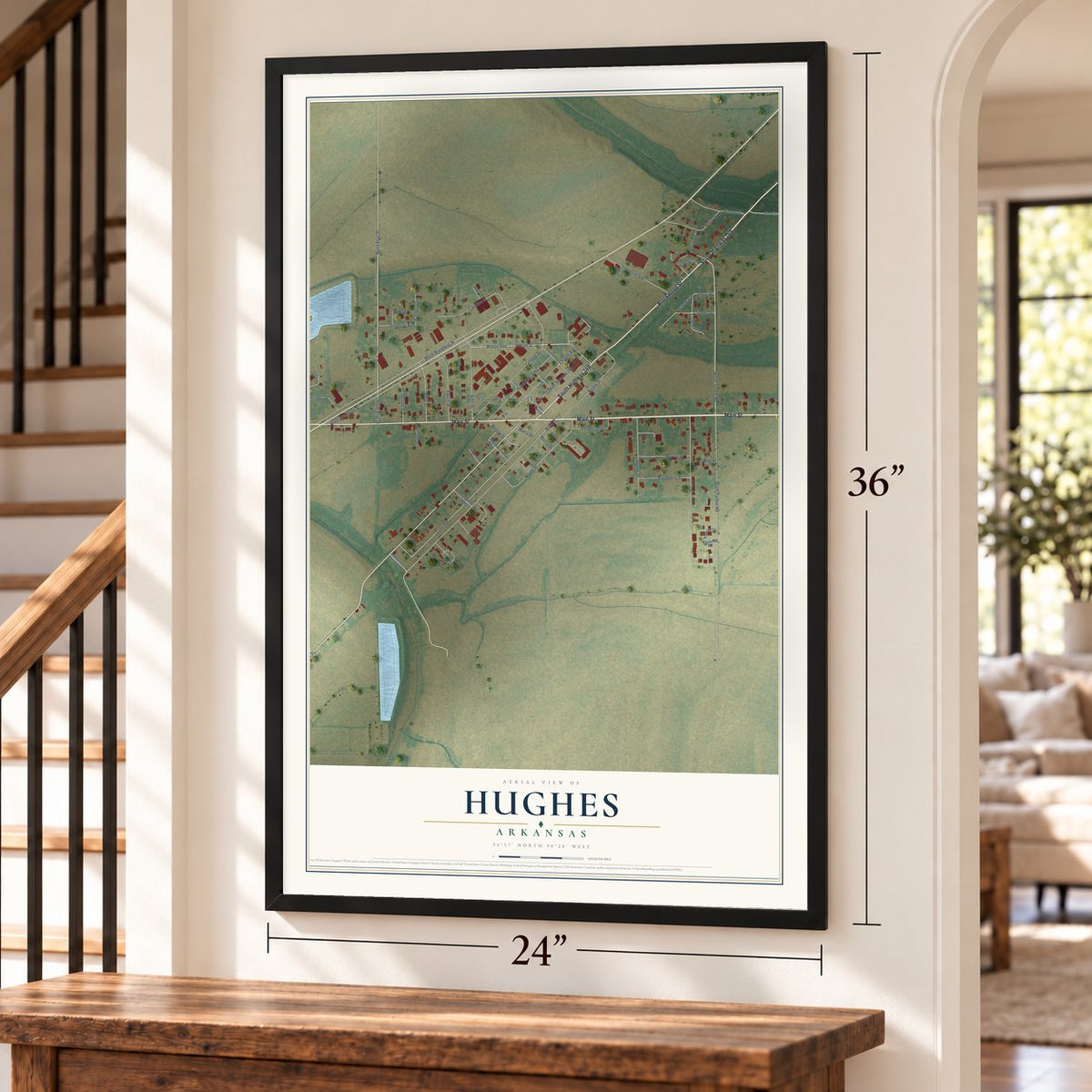 Hughes, Arkansas map, 24 x 36 inch print in a black frame by a staircase