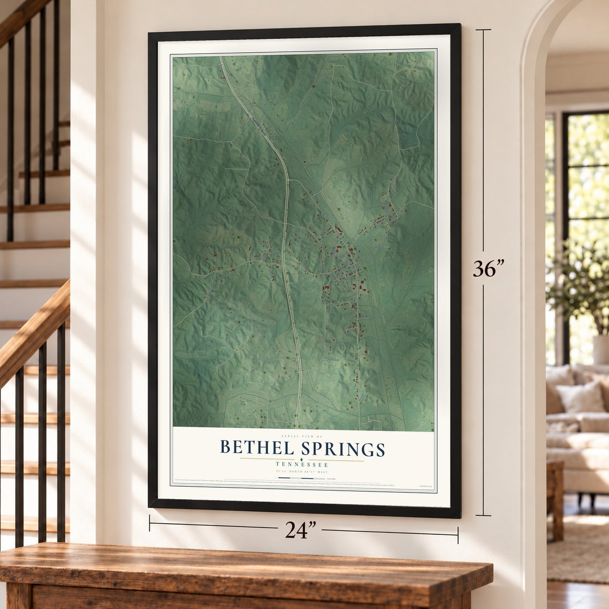 Bethel Springs, Tennessee map, 24 x 36 inch print in a black frame by a staircase