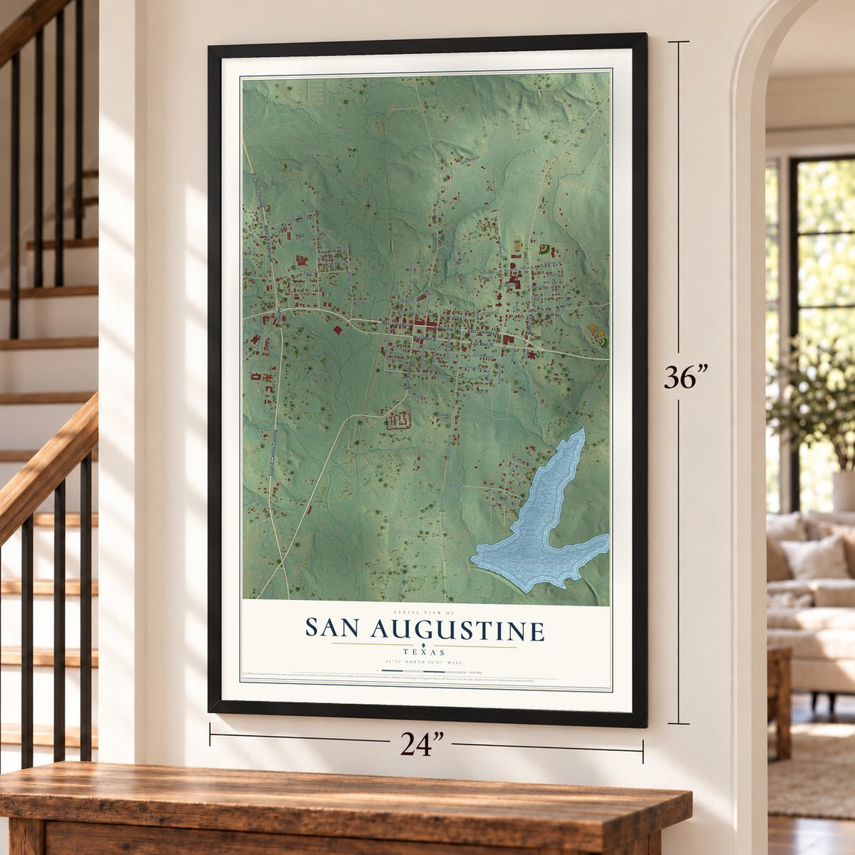 San Augustine, Texas map, 24 x 36 inch print in a black frame by a staircase
