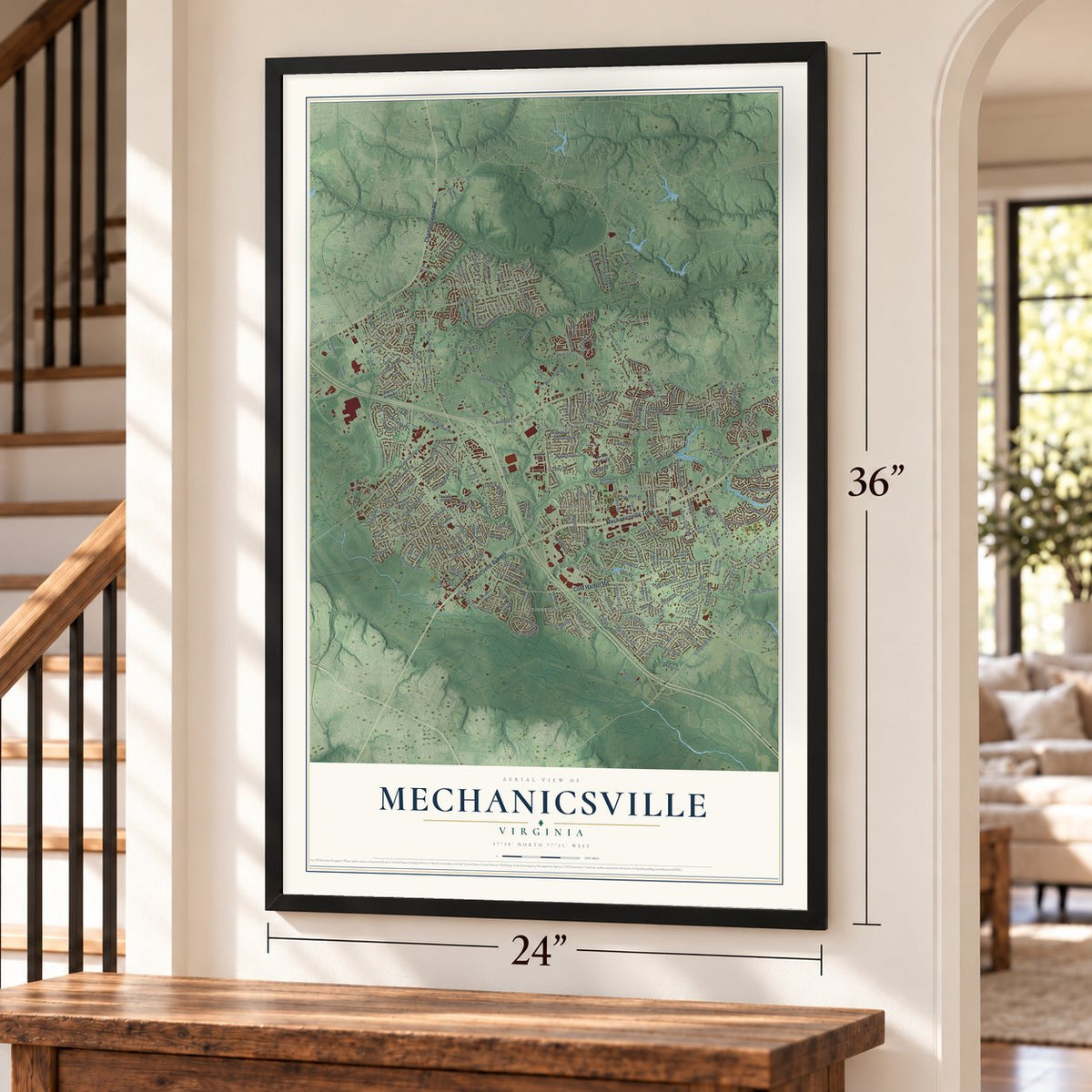 Mechanicsville, Virginia map, 24 x 36 inch print in a black frame by a staircase