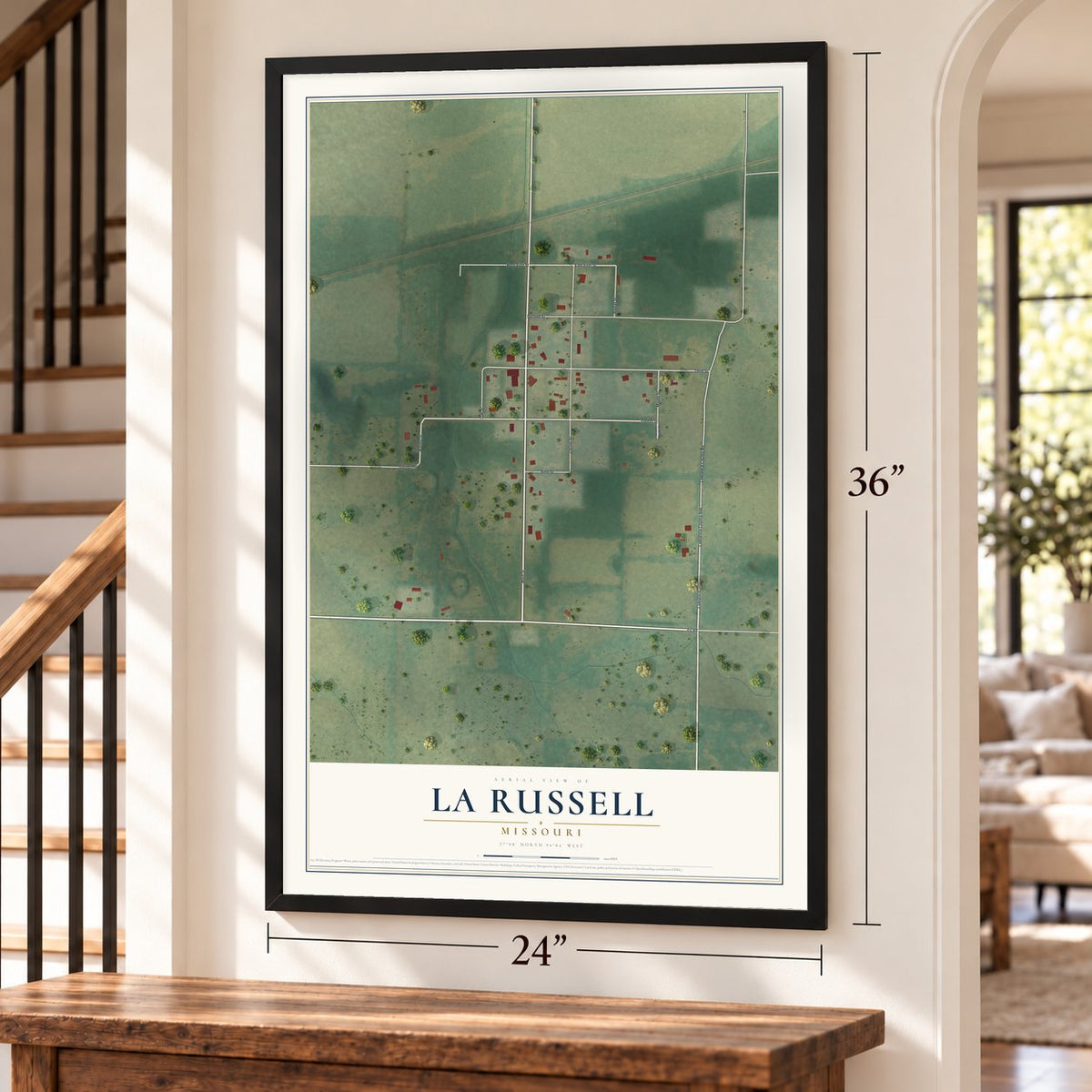 La Russell, Missouri map, 24 x 36 inch print in a black frame by a staircase
