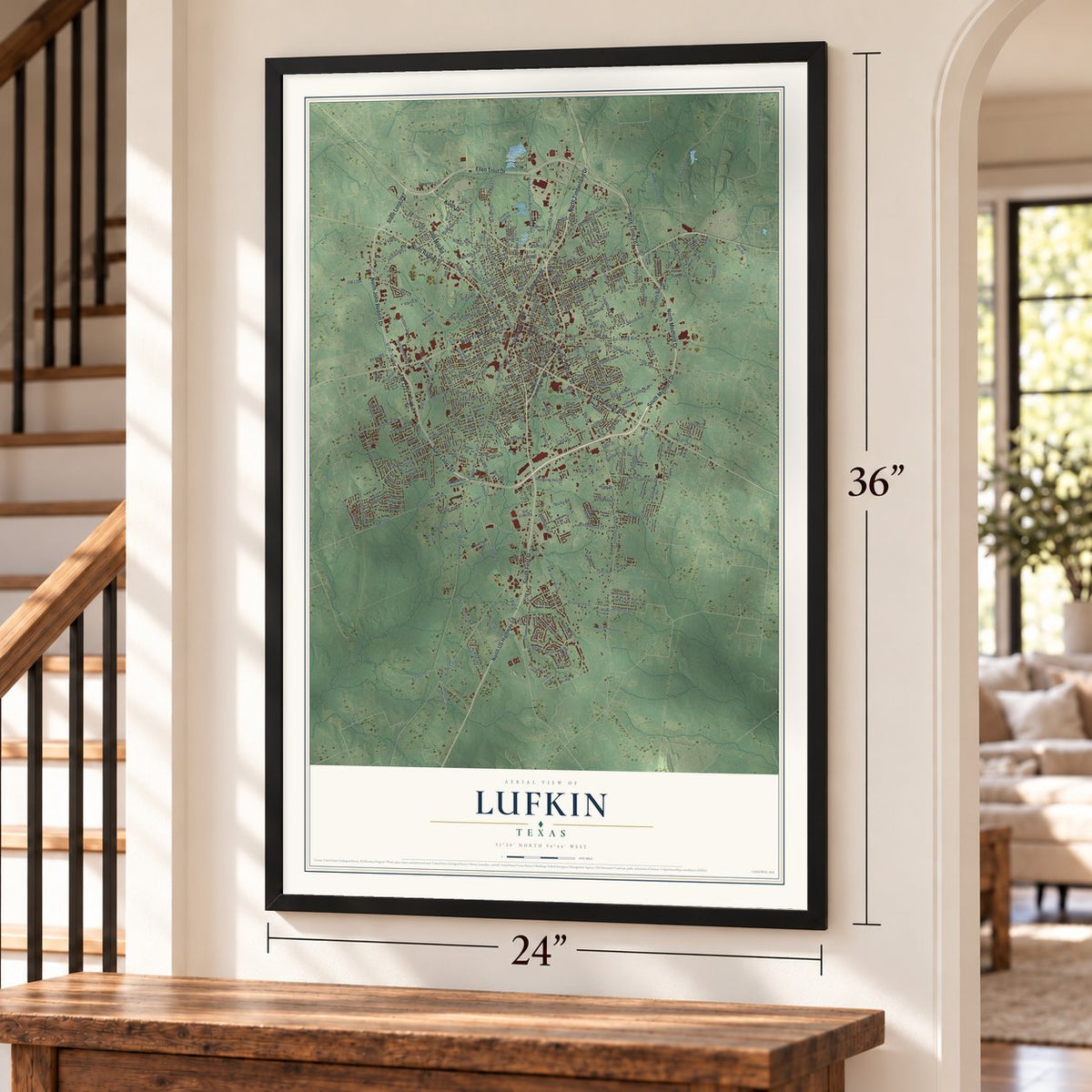 Lufkin, Texas map, 24 x 36 inch print in a black frame by a staircase