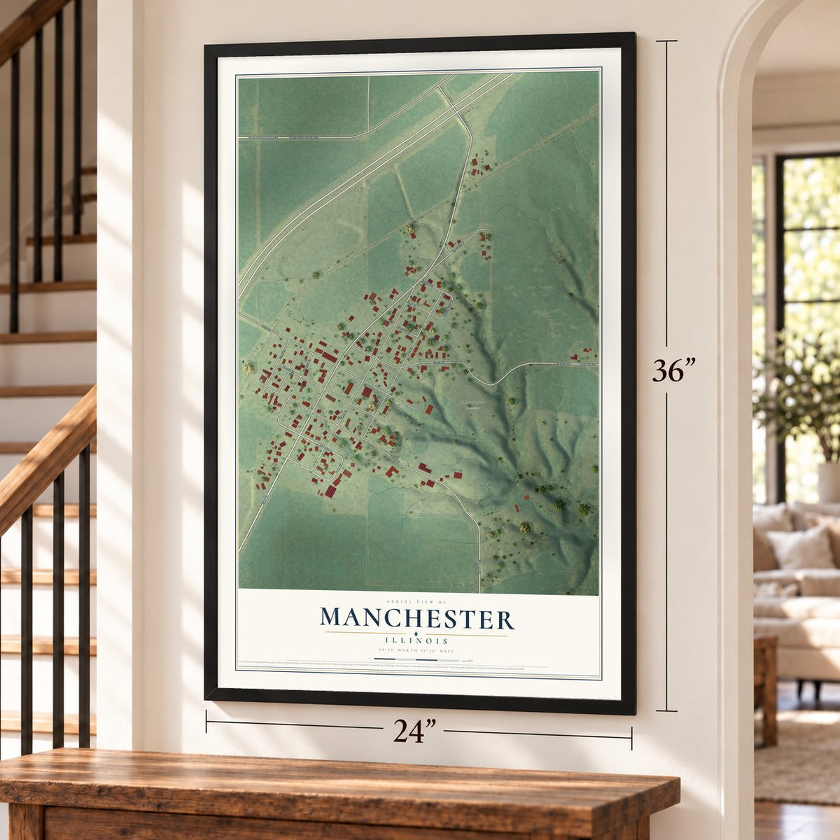 Manchester, Illinois map, 24 x 36 inch print in a black frame by a staircase