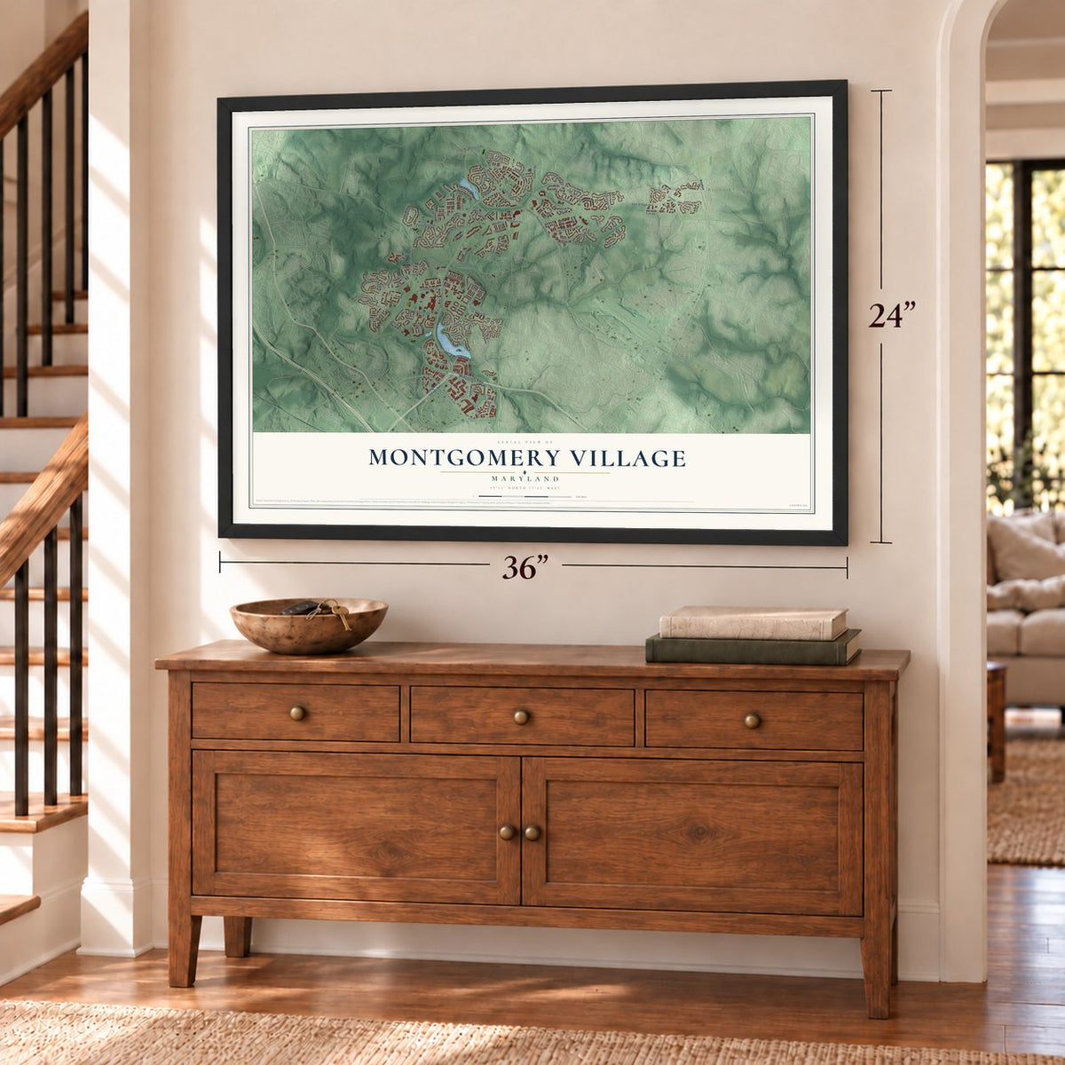 Montgomery Village, Maryland map, 24 x 36 inch print in a black frame above a dresser by a staircase