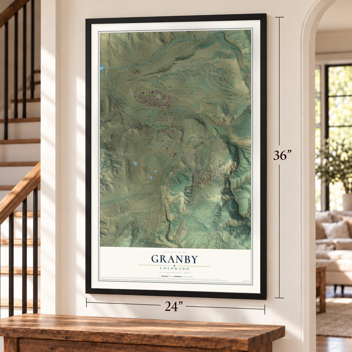 Granby, Colorado map, 24 x 36 inch print in a black frame by a staircase