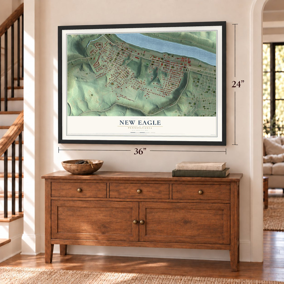 New Eagle, Pennsylvania map, 24 x 36 inch print in a black frame above a dresser by a staircase